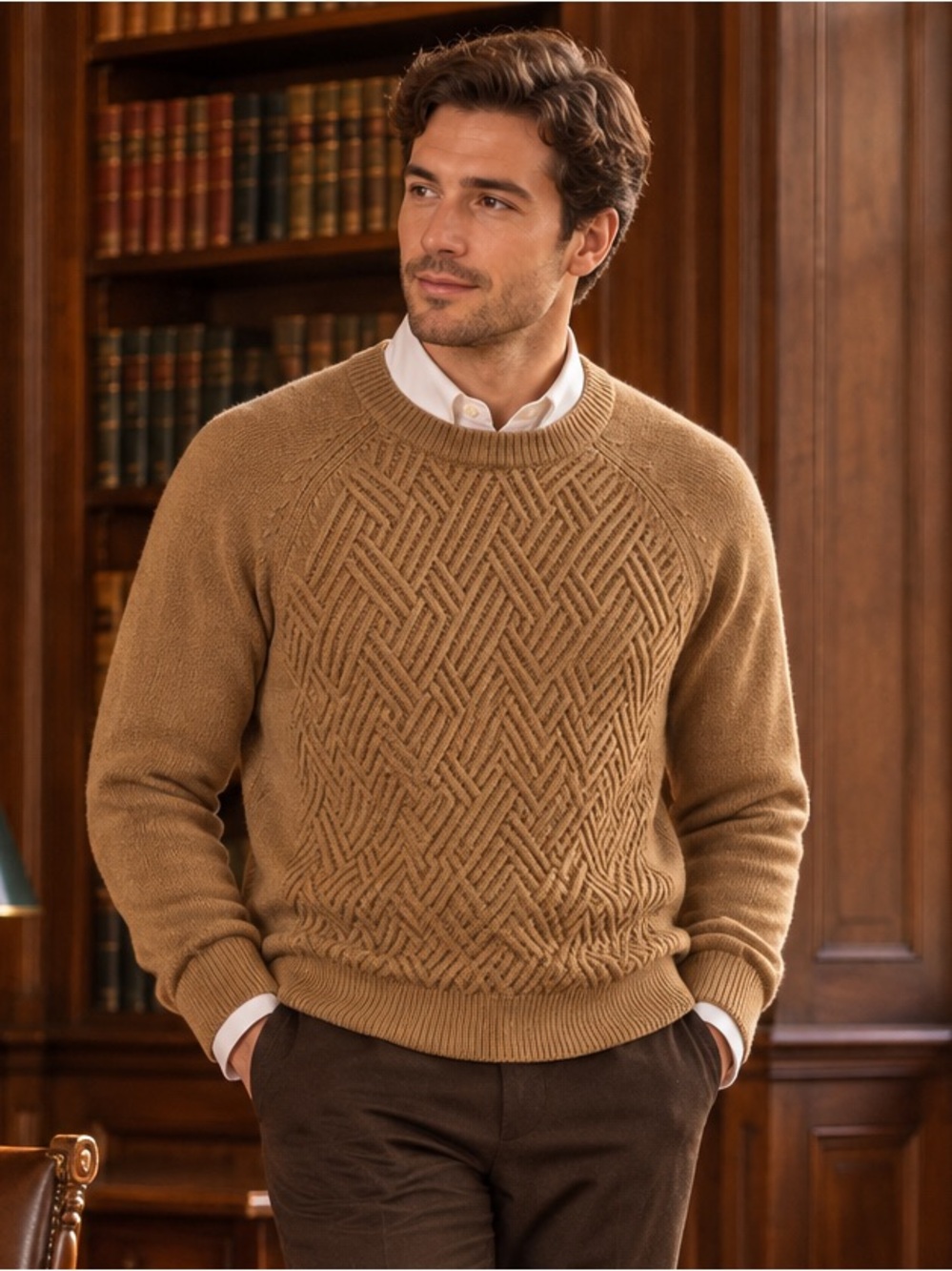 Soul of London Organic Cotton Sweater M Camel Brown Textured Knit Old Money